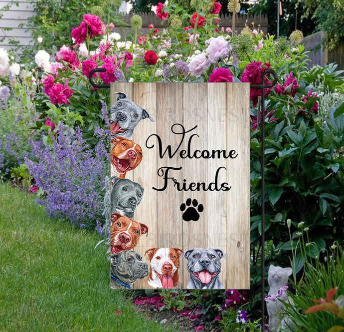 Welcome Friends Pitbull Lover Paw Print Double Sided Garden Flag