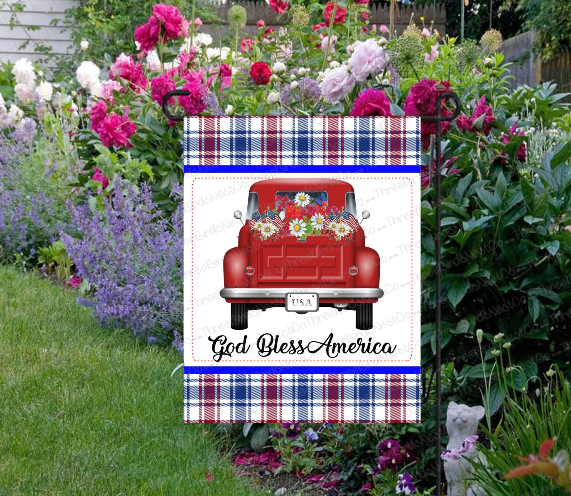 God Bless America Patriotic Red Truck Double Sided Garden Flag