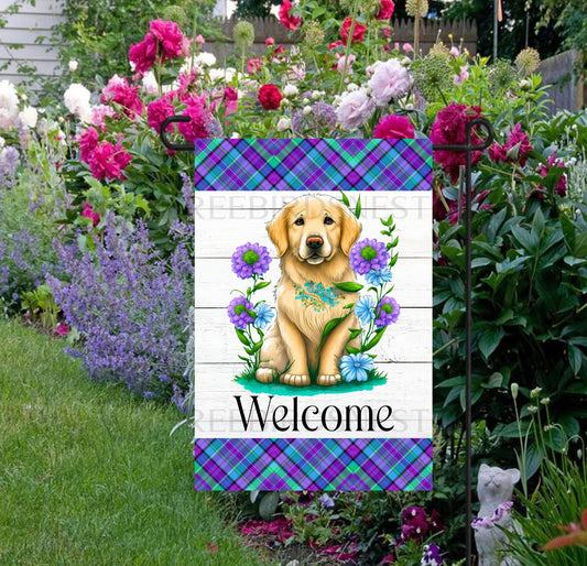 Golden Retriever Puppy Dog Floral Double Sided Welcome Garden Flag