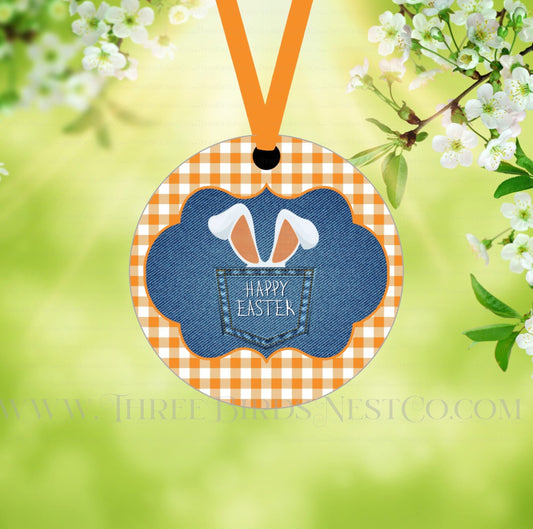 Denim Easter Bunny Ears Pocket Double Sided Metal Ornament - ORN194