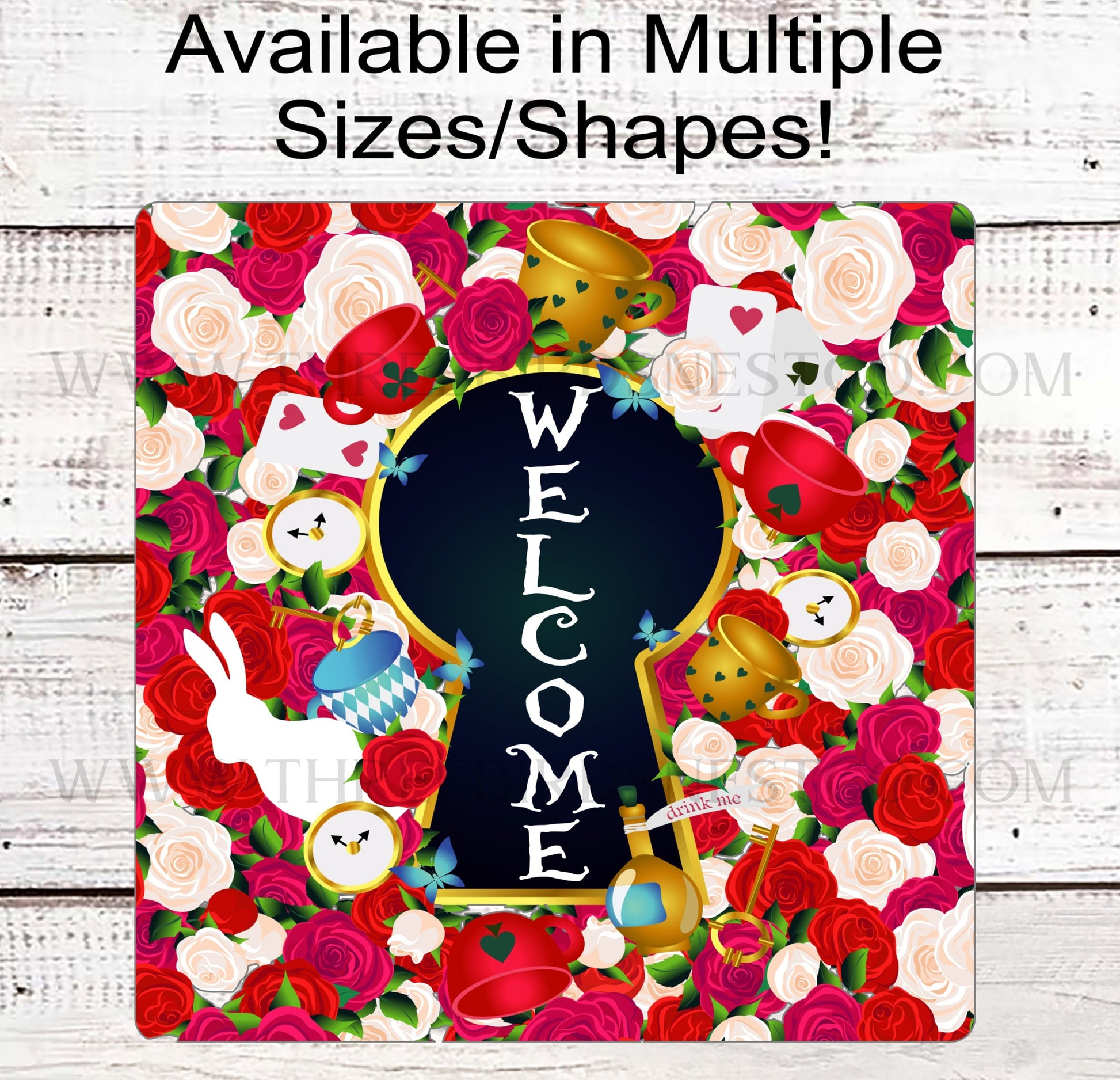 Wonderland Keyhole Roses Rabbit Welcome Wreath Sign