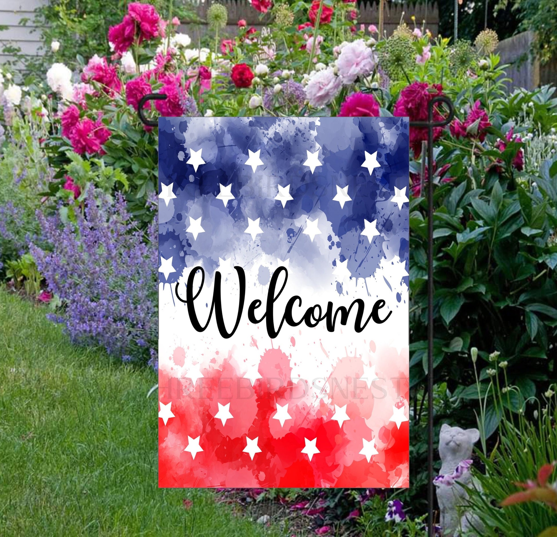 Patriotic Splash Stars Welcome Double Sided Garden Flag