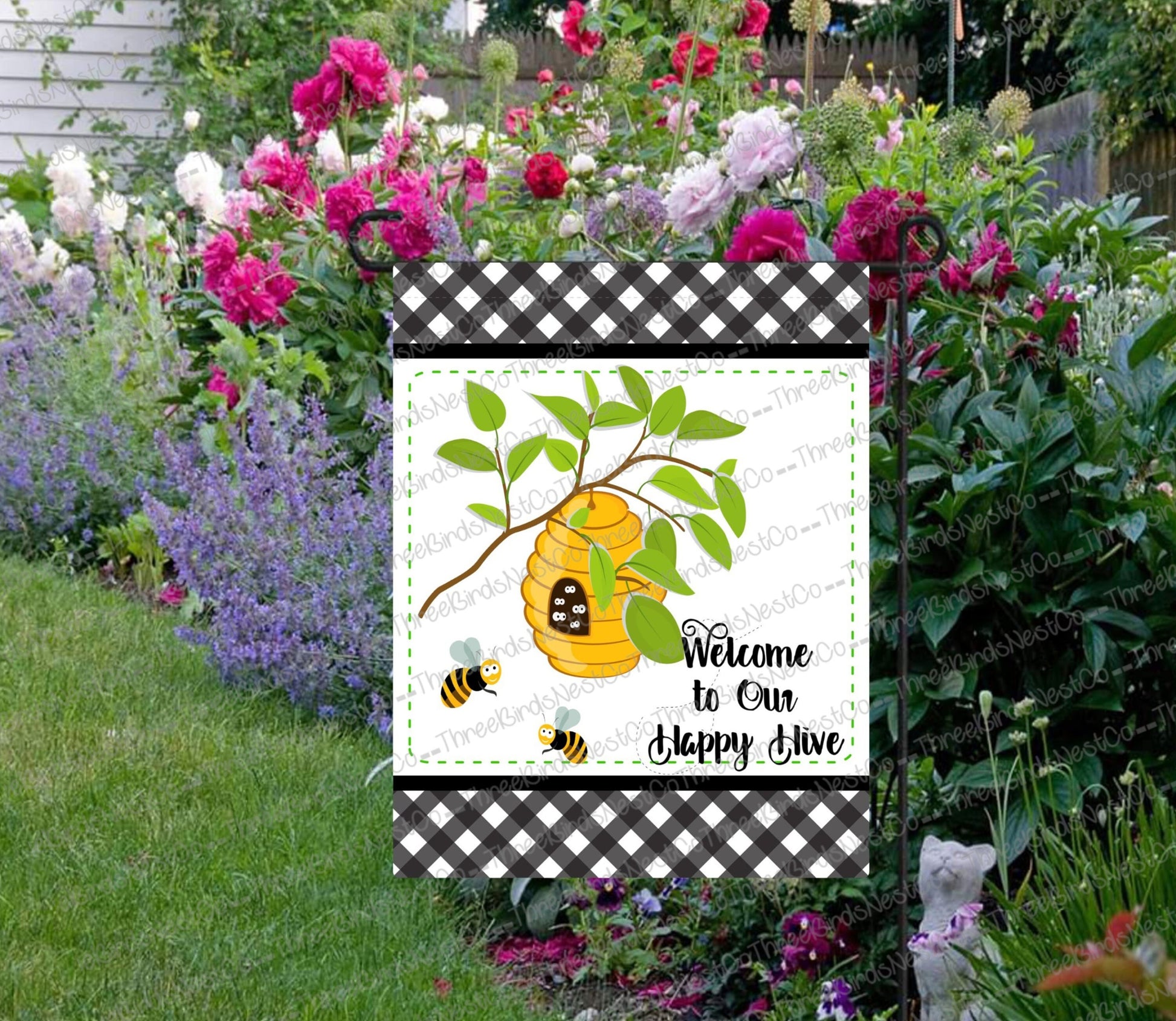 Welcome to Our Happy Hive Bee Double Sided Garden Flag