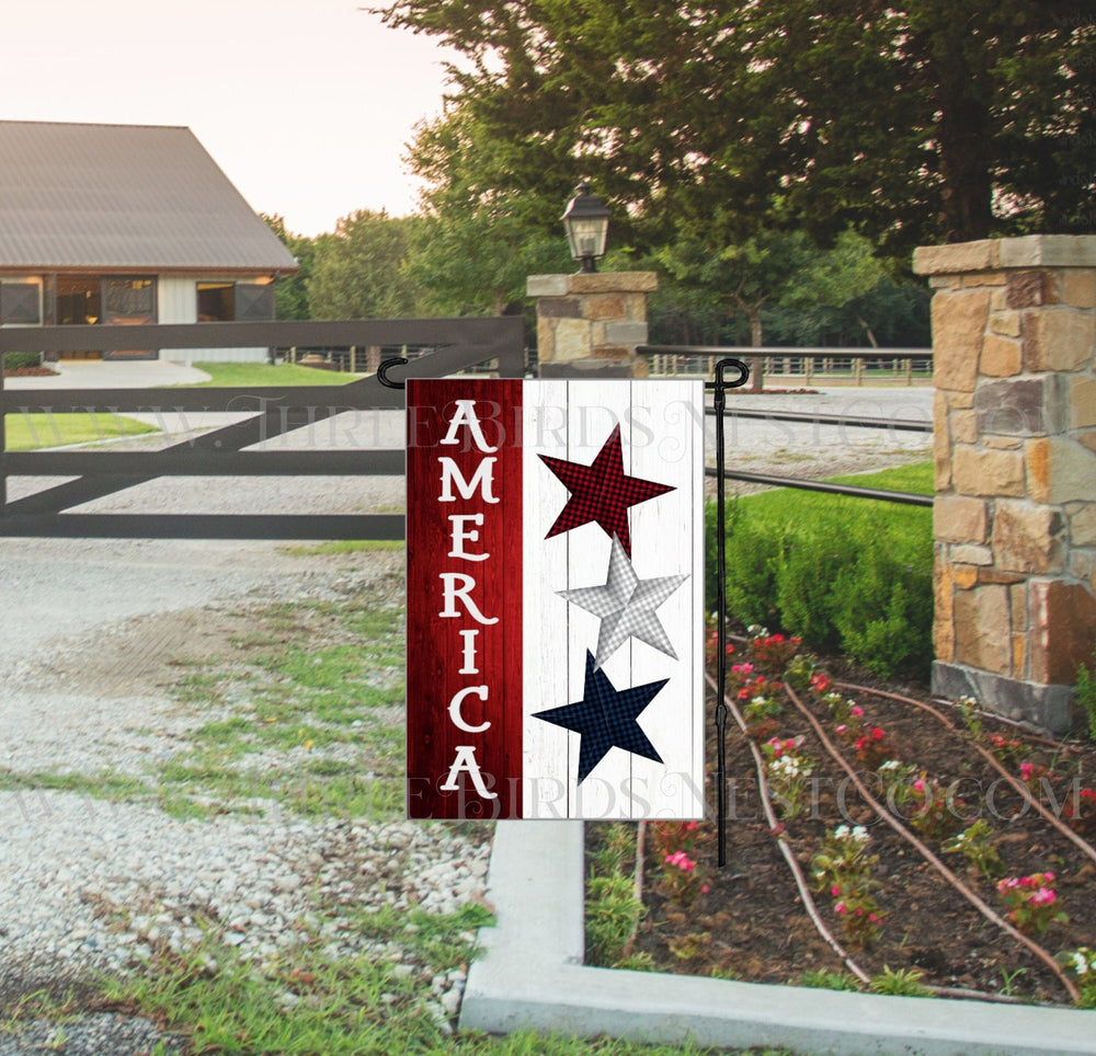 Gingham Country Barn Stars Patriotic America Double-Sided Garden Flag - www.Threebirdsnestco.com