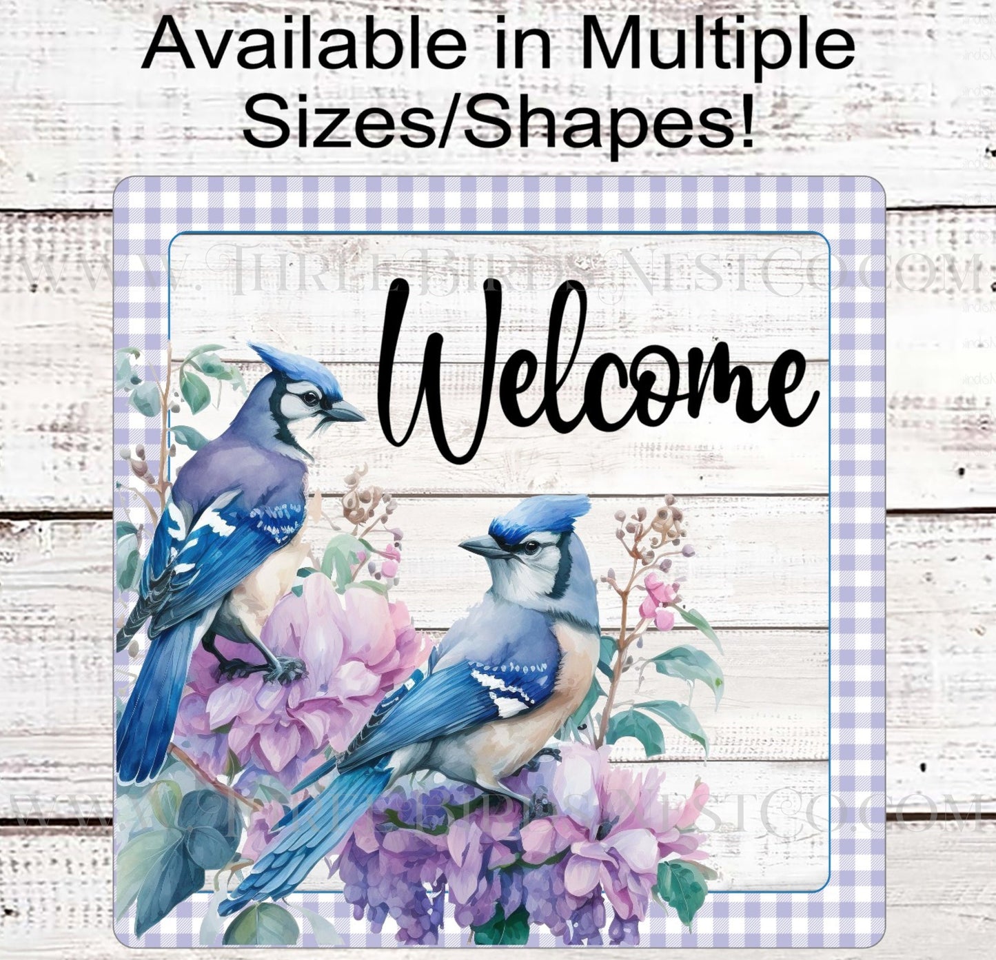 Blue Jay Birds Floral Welcome Wreath Sign - www.threebirdsnestco.com