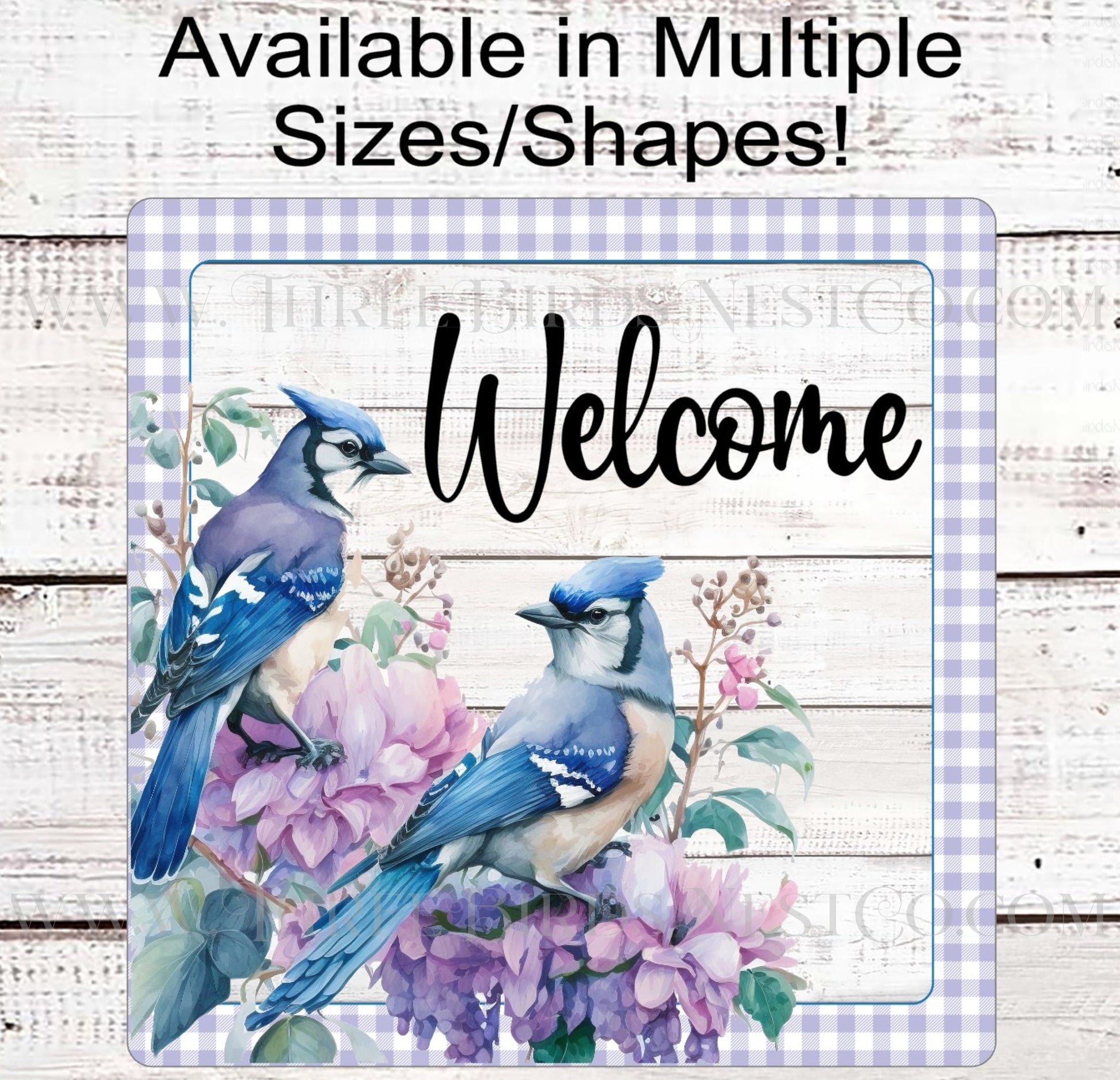 Blue Jay Birds Floral Welcome Wreath Sign - www.threebirdsnestco.com