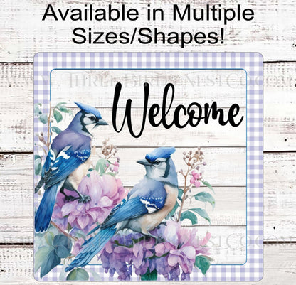 Blue Jay Birds Floral Welcome Wreath Sign - www.threebirdsnestco.com