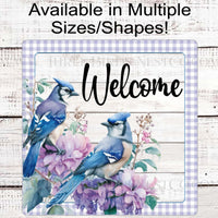 Blue Jay Birds Floral Welcome Wreath Sign - www.threebirdsnestco.com