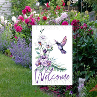 Hummingbird and Iris Double-Sided Welcome Garden Flag - Purple Decor - www.threebirdsnestco.com