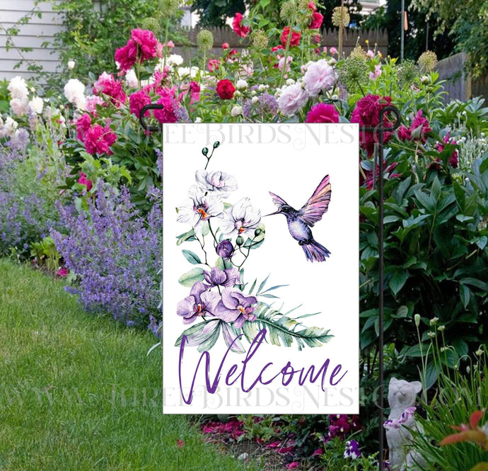 Hummingbird and Iris Double-Sided Welcome Garden Flag - Purple Decor - www.threebirdsnestco.com