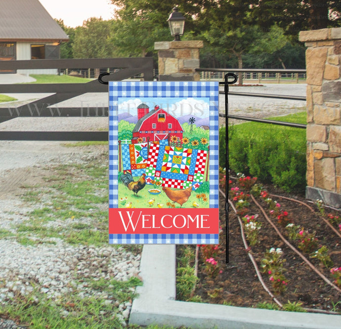 Patriotic Barn Quilts and Chickens Farmhouse Double Sided Welcome Garden Flag