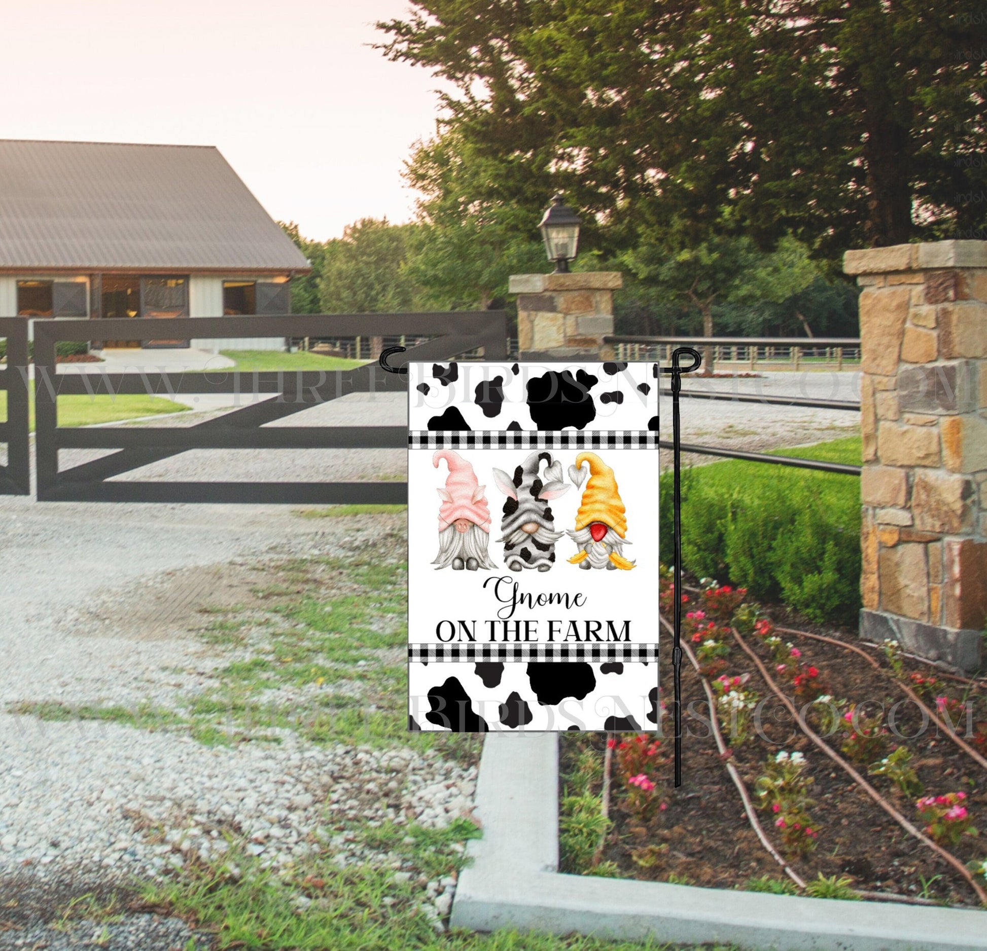 Gnome on the Farm Cow Pig Chicken Cow Print Double-Sided Garden Flag - www.Threebirdsnestco.com