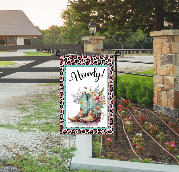 Howdy Spring Flowers Cowboy Boots Welcome Garden Flag - Visit www.ThreeBirdsNestCo.com for 20% Off