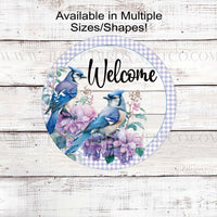 Blue Jay Birds Floral Welcome Wreath Sign - www.threebirdsnestco.com