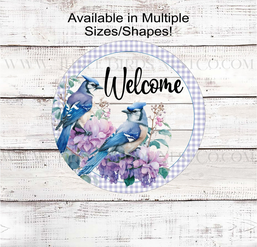 Blue Jay Birds Floral Welcome Wreath Sign - www.threebirdsnestco.com