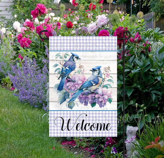 Blue Jay Birds Floral Welcome Double-Sided Garden Flag