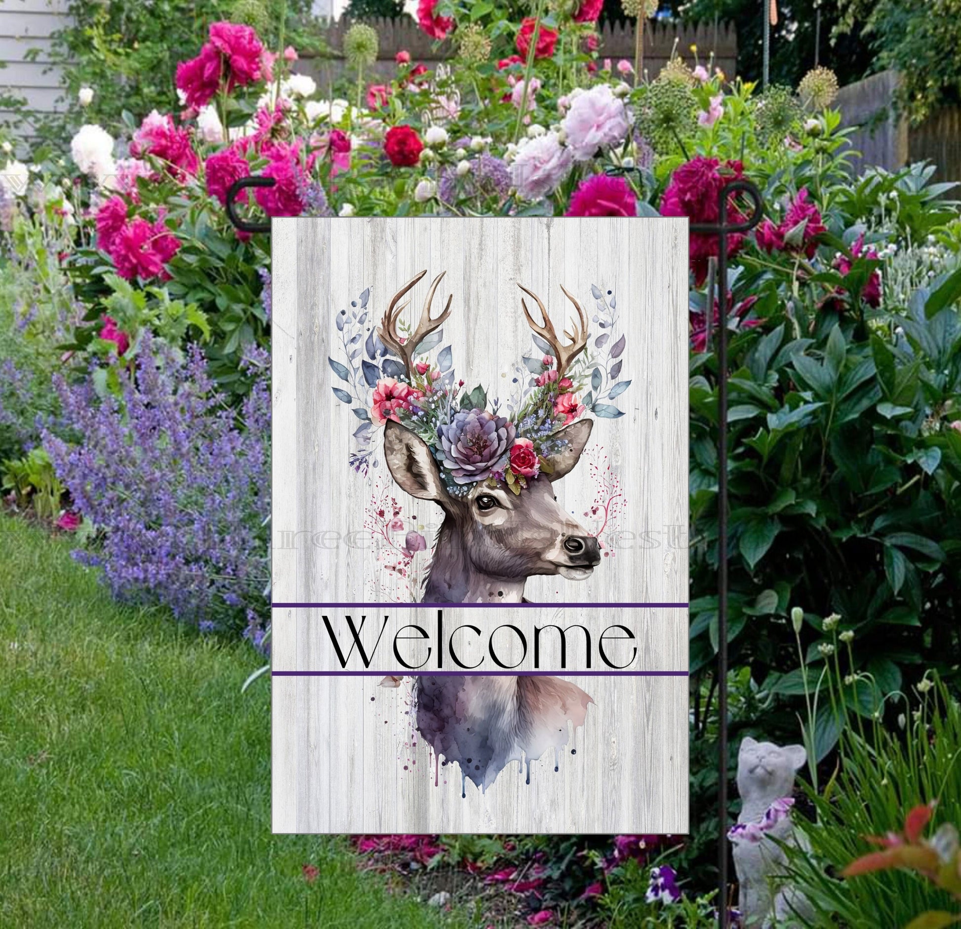 Rustic Floral Whitetail Buck Deer Welcome Garden Flag - Double-Sided - Threebirdsnestco.com