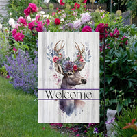 Rustic Floral Whitetail Buck Deer Welcome Garden Flag - Double-Sided - Threebirdsnestco.com