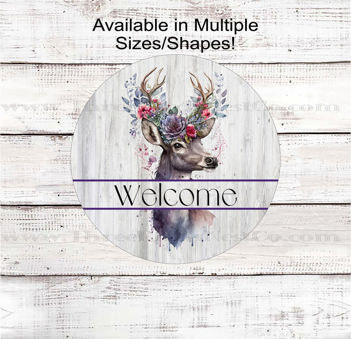 Floral Whitetail Buck Deer Welcome Wreath Sign