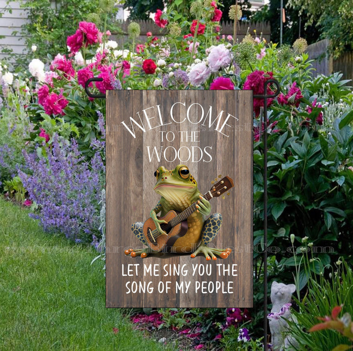 Welcome to the Woods Tree Frog Double-Sided Garden Flag - Cabin Decor