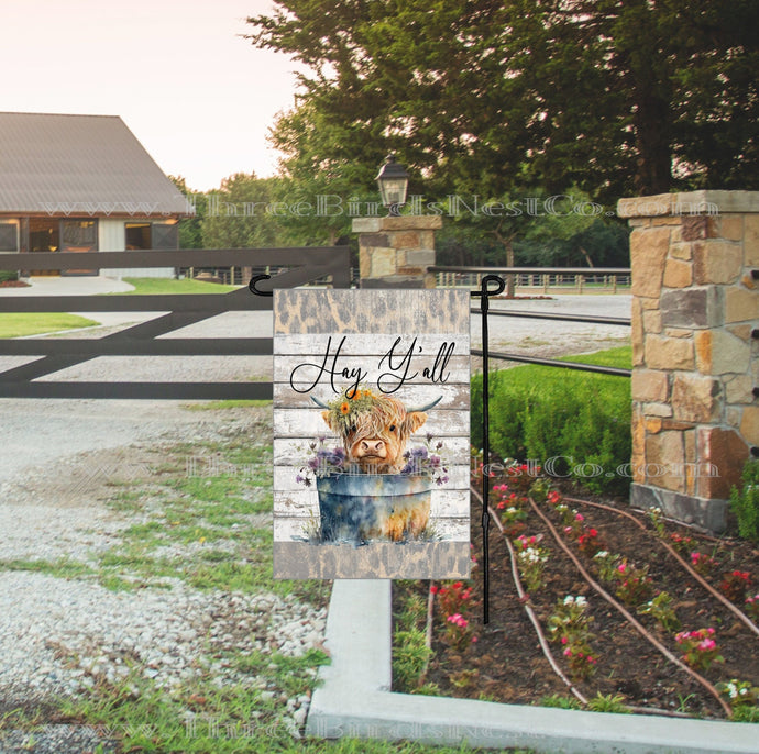 Hay Yall Scottish Highland Cow Floral Welcome Garden Flag - Visit www.ThreeBirdsNestCo.com for 20% Off