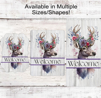 Floral Whitetail Buck Deer Welcome Wreath Sign