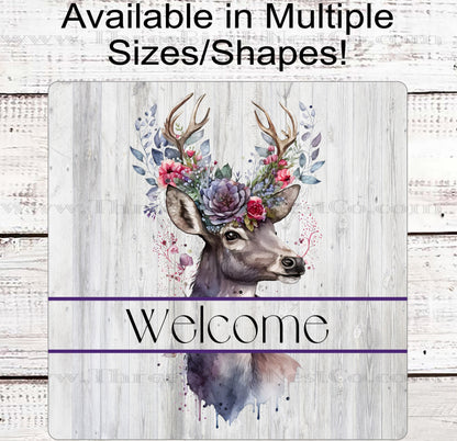 Floral Whitetail Buck Deer Welcome Wreath Sign