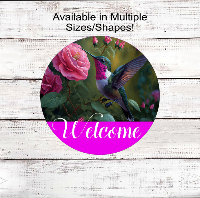 Hummingbird and Roses Floral Welcome Wreath Sign