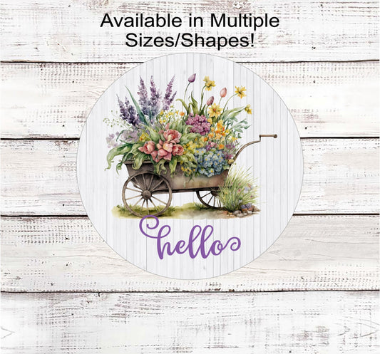Hello Spring Flowers Floral Welcome Wreath Sign - Flower Cart