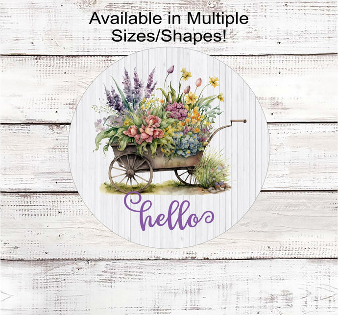 Hello Spring Flowers Floral Welcome Wreath Sign - Flower Cart