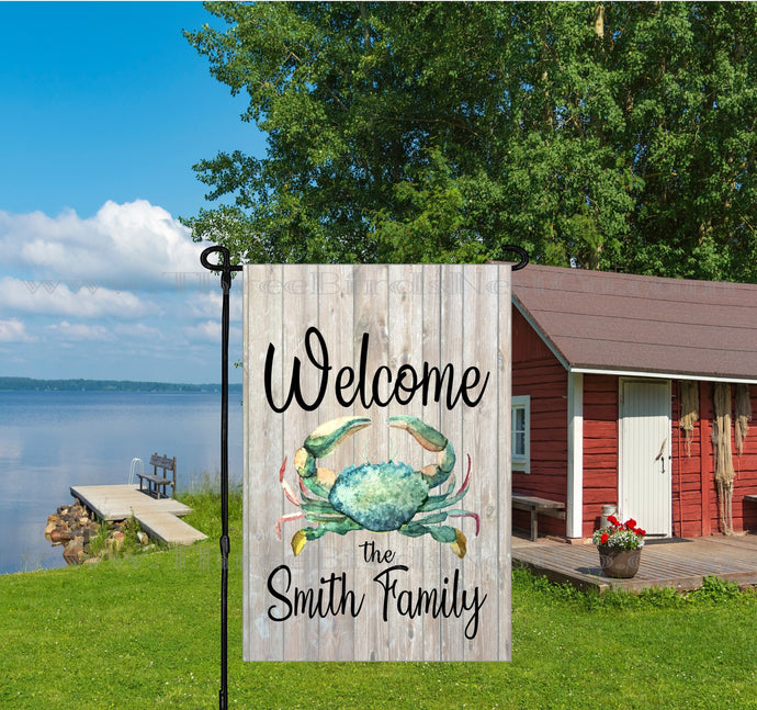 Personalized Family Blue Crab Welcome Nautical Double-Sided Garden Flag