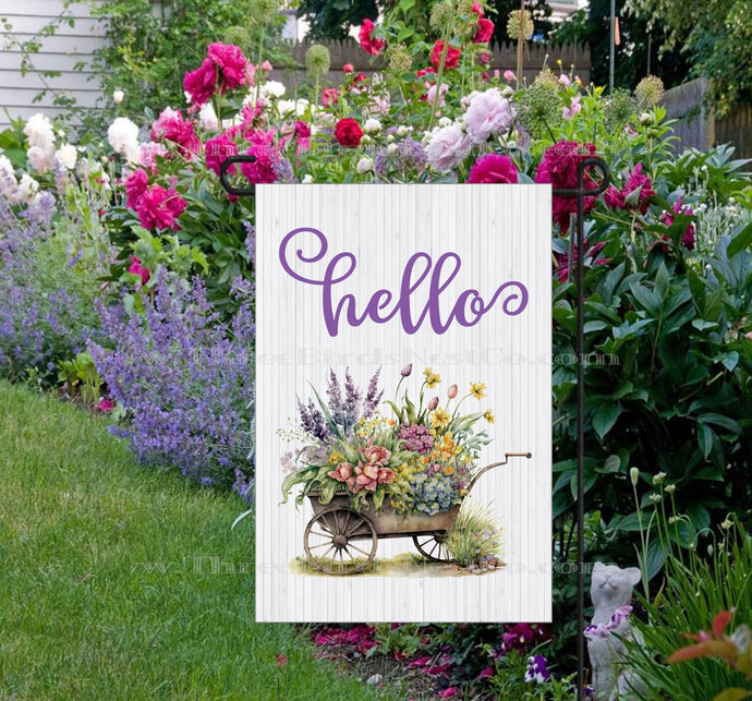 Hello Spring Flowers Cart Welcome Garden Flag - Visit www.ThreeBirdsNestCo.com