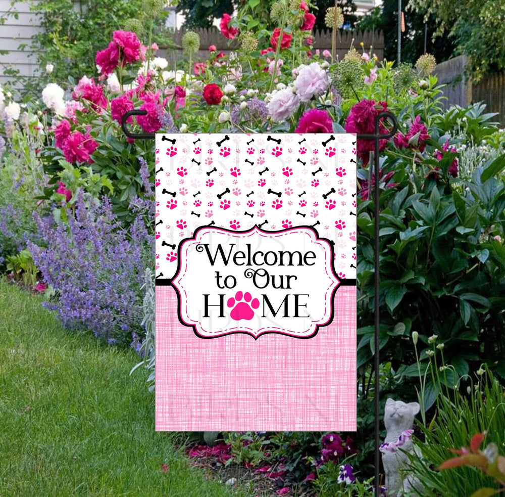 Pink Dog Bones and Paw Prints Welcome to Our Home Double-Sided Garden Flag