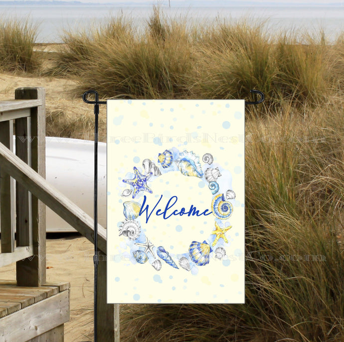 Beach Wreath Welcome Garden Flag - Shells and Starfish - Beach Garden Flag - Nautical Garden Flag - Garden Flag -Double Sided Garden Flag