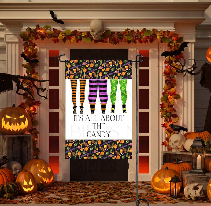 Its All About the Candy Witch Legs Halloween Double-Sided Garden Flag