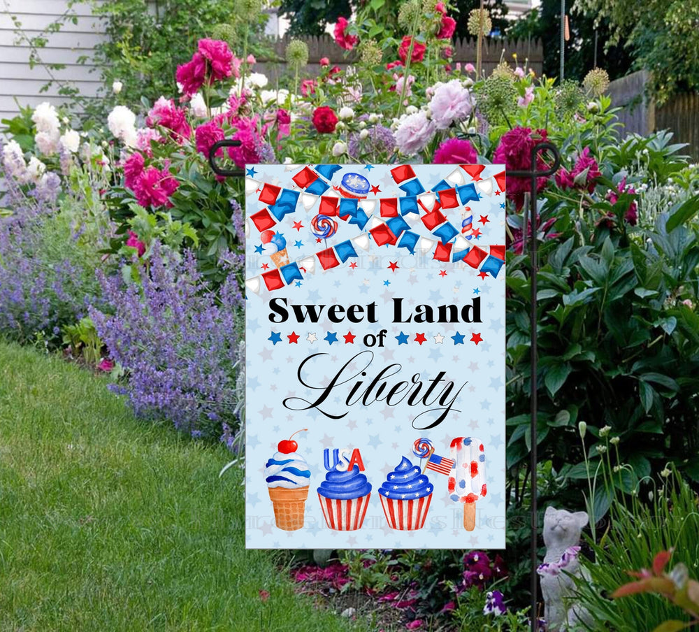 Sweet Land of Liberty Patriotic Ice Cream Garden Flag - USA Flag - Cupcakes and Candy