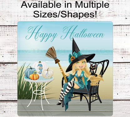 Happy Halloween Beach Witch Wreath Sign - Welcome to the Beach - Black Cat Sign