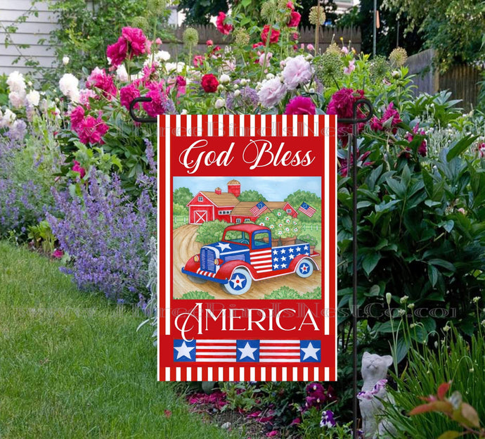 Patriotic Barn and Red Truck American Flag Double Sided Welcome Garden Flag