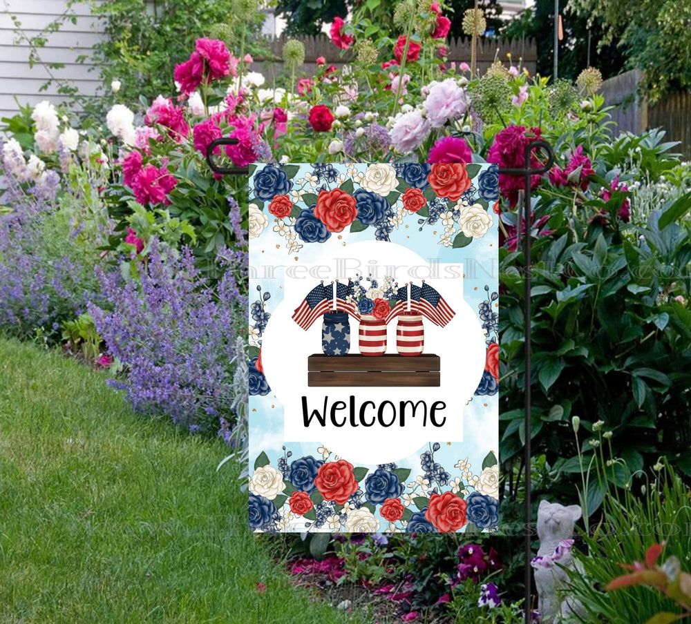 Patriotic Mason Jars Flowers Welcome Double-Sided Garden Flag - 4th of July Garden Flag