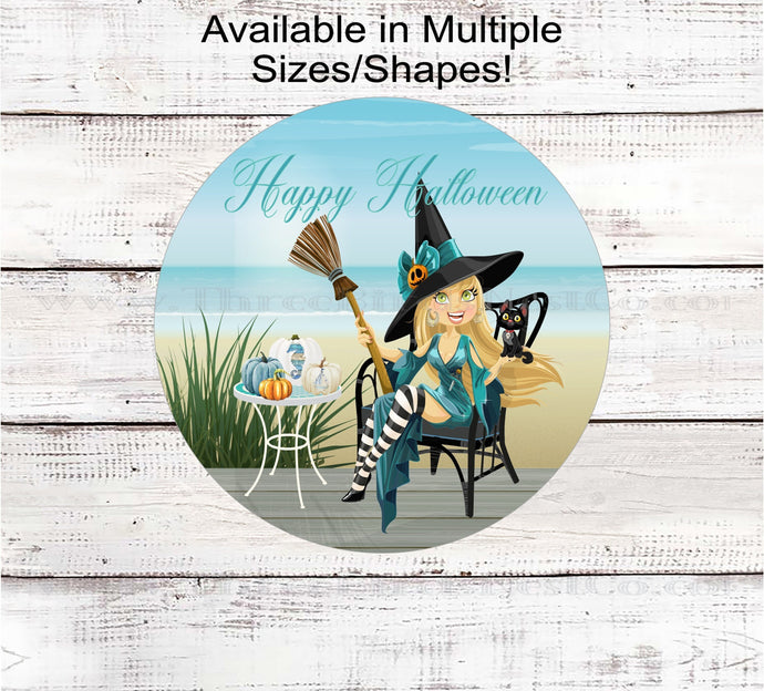 Happy Halloween Beach Witch Wreath Sign - Welcome to the Beach - Black Cat Sign