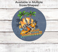 
              Happy Halloween Beach Wreath Sign - Aloha Sign - Skeleton Decor - Surfboard and Palm Trees
            