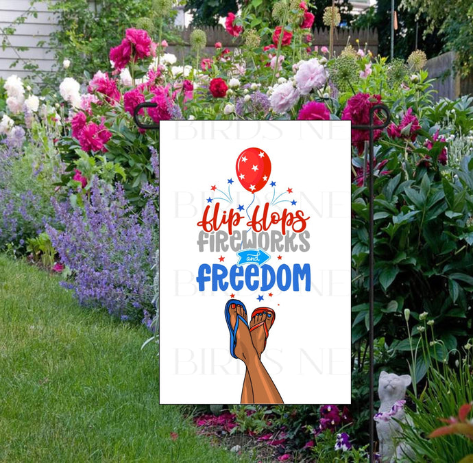 Flip Flops Fireworks and Freedom Patriotic Garden Flag - 4th of July Decor - Beach House Decor - Double-Sided Garden Flag