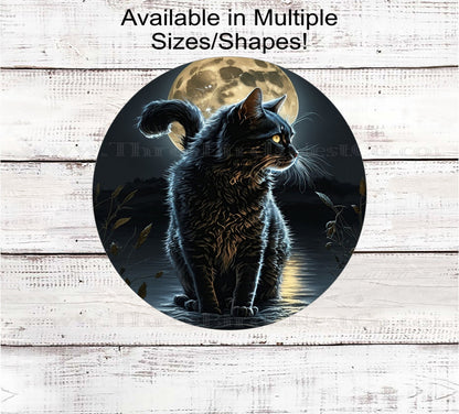 Black Cat Halloween Wreath Sign - Moon Sign