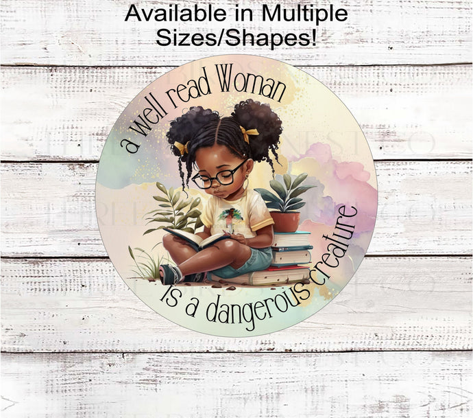 African American Girl Wreath Sign - Well Read Woman - Book Lover - Girl Power