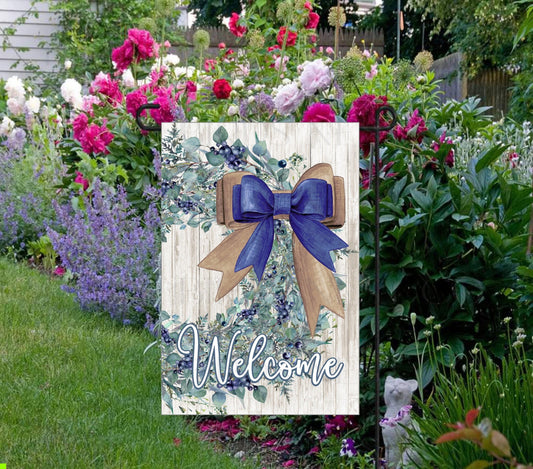 Rustic Blueberry Wreath Farmhouse Welcome Double Sided Garden Flag