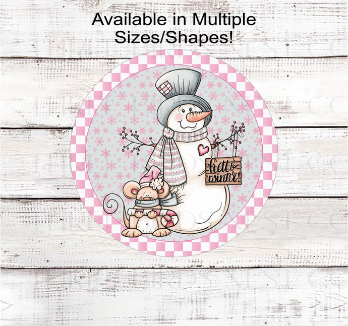 Snowman Wreath Sign - Hello Winter - Pastel Christmas - Pink Snowman - Candy Cane Mouse Sign