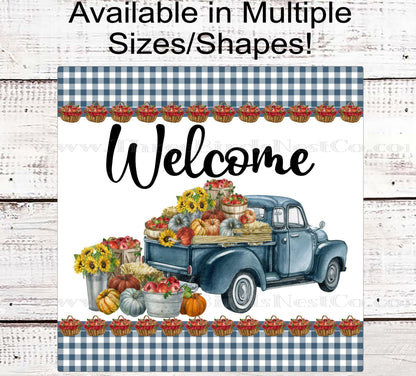 Blue Fall Pumpkin Truck Welcome Wreath Sign - Apples Basket - Sunflowers Sign