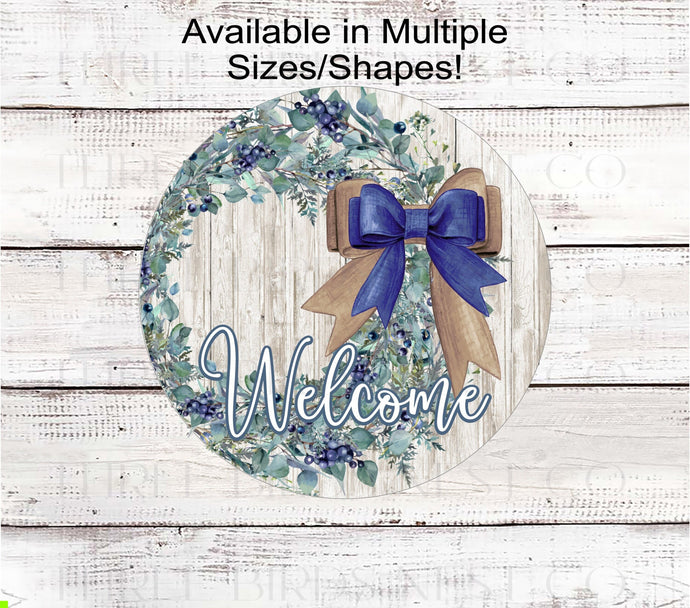 Welcome Wreath Sign - Blueberry Wreath - Rustic Farmhouse Wreath Signs