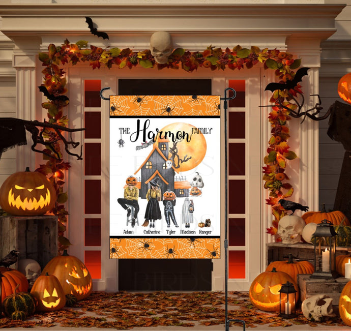 Custom Halloween Family Haunted House Double-Sided Garden Flag - Personalized Flag