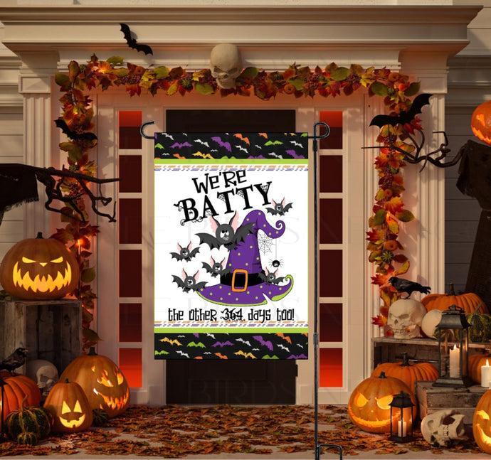 Batty for Halloween Double-Sided Garden Flag - Halloween Bats - Witch Hat - Halloween Family